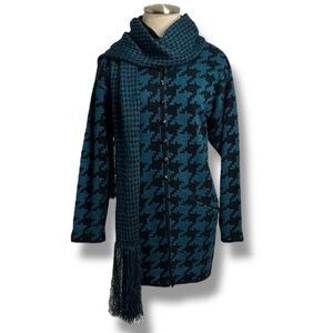 VTG French Rags Womens Long Sweater Cardigan Size 2 Teal Blue Black Houndstooth